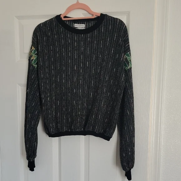 Urban Outfitters Black Speckled Crewneck Sweater with Green Elbow Patches - Picture 2 of 10